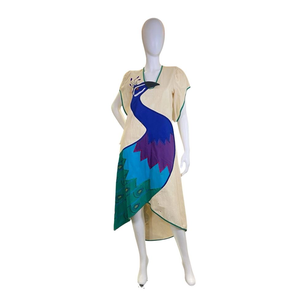 1970s Victor Camarena Peacock Dress High Low Cotton Resort Midi Gown